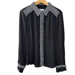 Nanette Lepore Black White Tweed Trim Corpcore Classic Long Sleeve Blouse XL